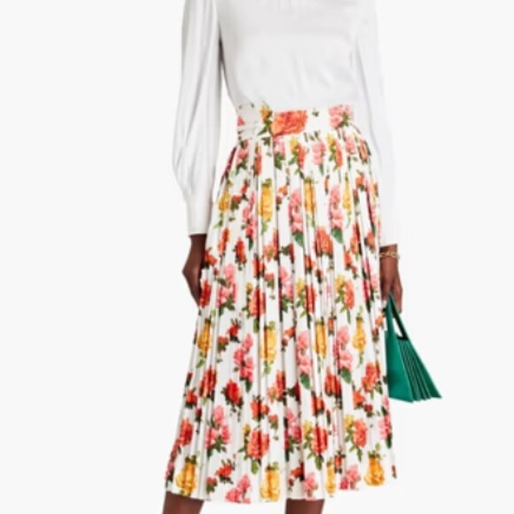 NWOT Commission Fanny Pleated Floral White/Multi Satin/Jacquard Midi SkirtM $805 - Picture 6 of 8